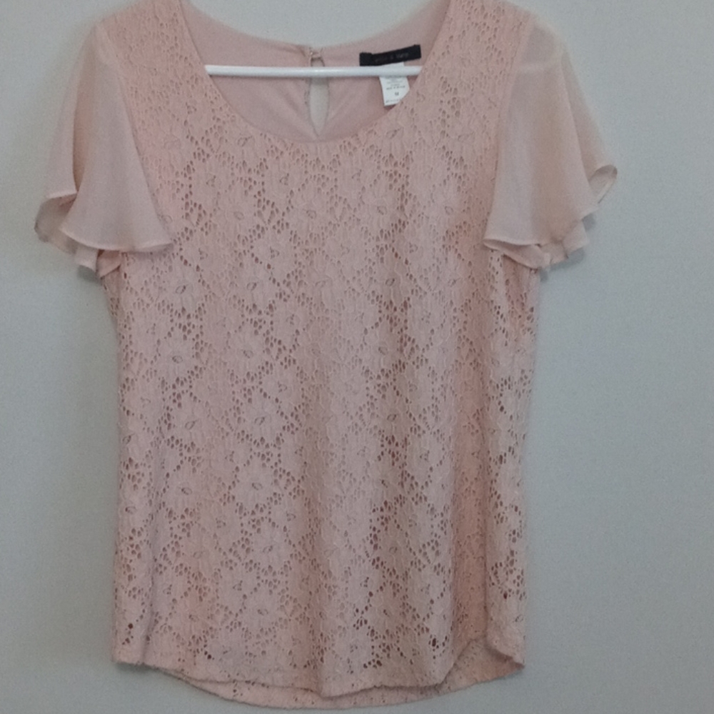 Pink lace top with ruffle sheer sleeves